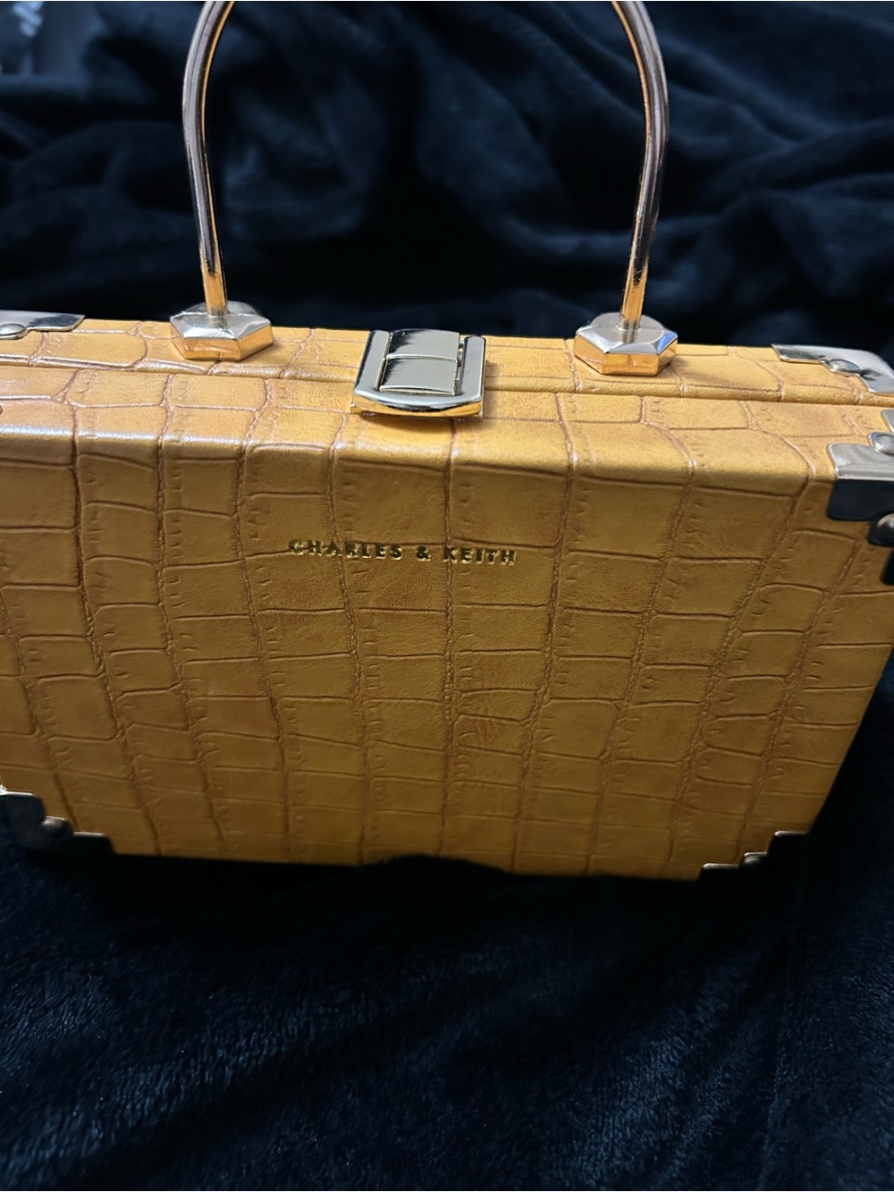 Charles & Keith Croc-Embossed Box Bag in Mustard Yellow